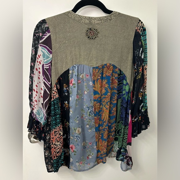 Young Threads Multicolor Patchwork Blouse Button Up Sheer - Picture 2 of 4